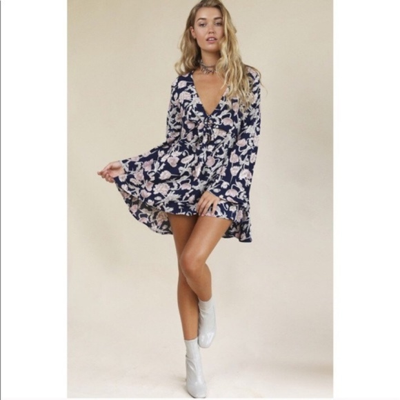 Flynn Skye London Floral Mini Dress in Navy Poppy - Picture 1 of 7